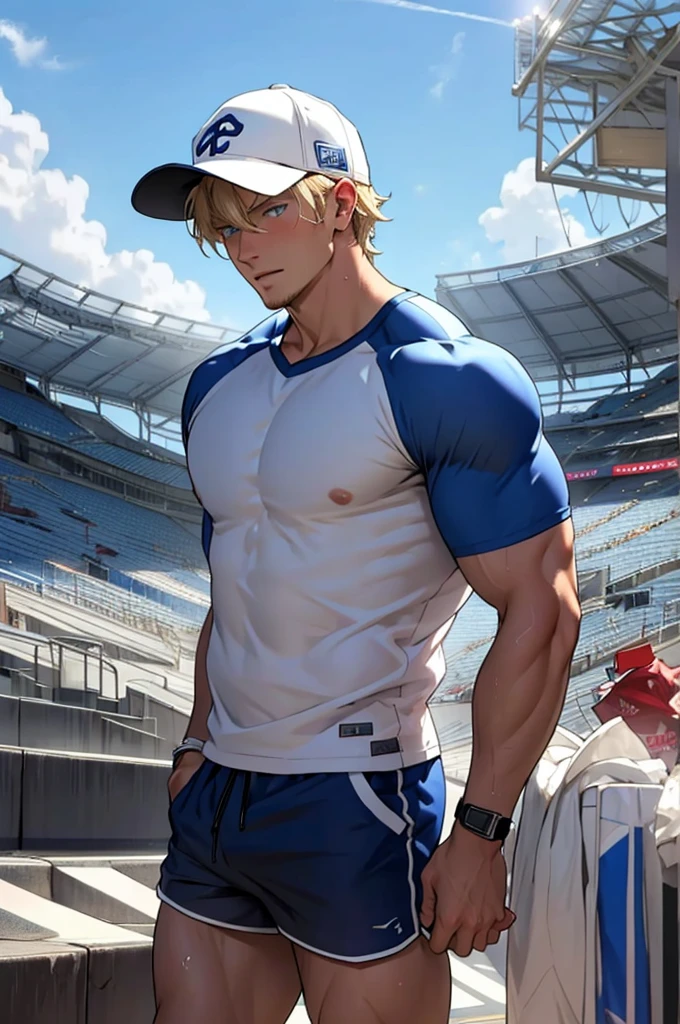 (masterpiece, best quality ), 1 person, muscular, short hair, blue eyes, Blonde, shorts, Soaked white T-shirt, topless，Baseball cap，full-body shot，Outside the stadium