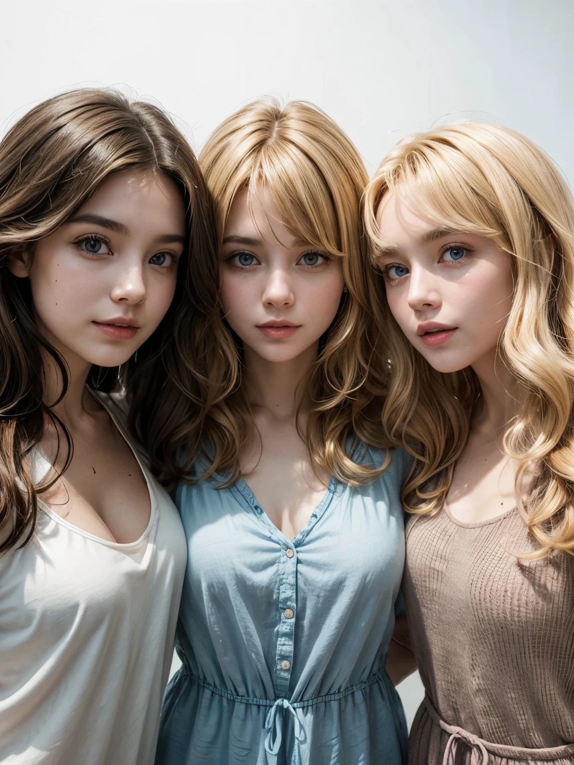 Three friends together, one is blonde with big hair, another brunette and one has curly hair