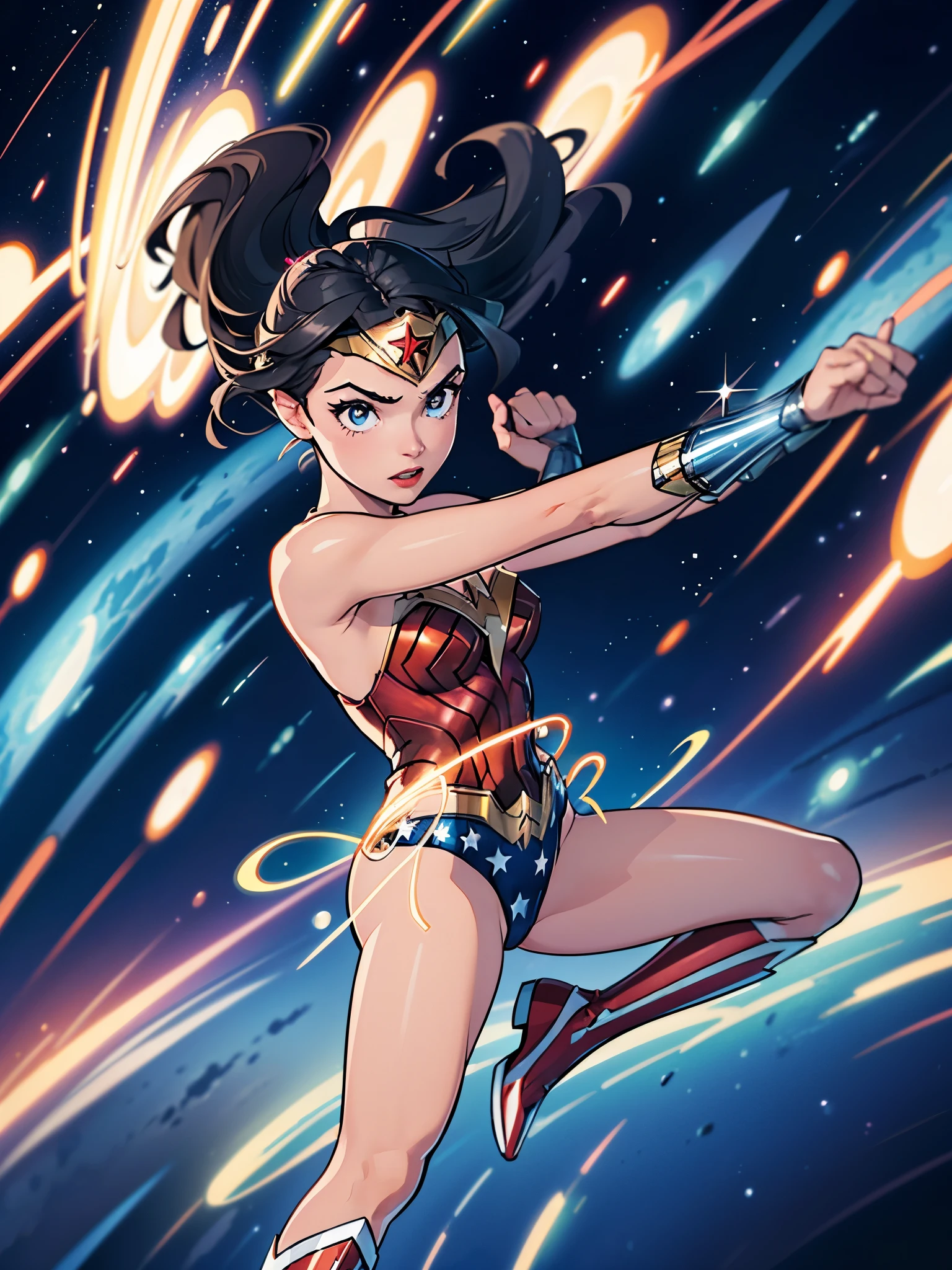 1girl, wonder woman, (leotard, bare legs), boots, gloves, space, solo, single, spread arms, standing, (spinning like a tornado), light particles, sparkling, super speed, solo, single, speed lines, spinning energy pulse