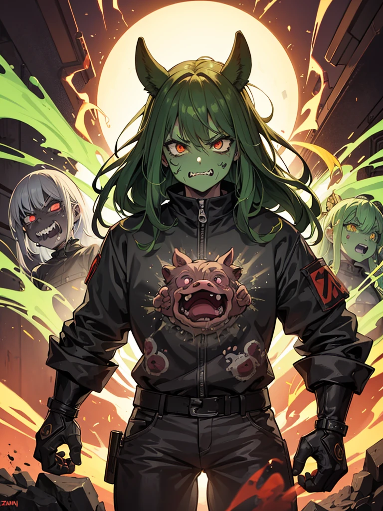 the face of a demonized and furious pig, half Cyborg and zombie. an angry pig with very bright eyes and smoke from its nose and green slime from its fanged snout. fire and heavy metal guitars. It's a poster for a horror and horror movie, It's a nightmare image.