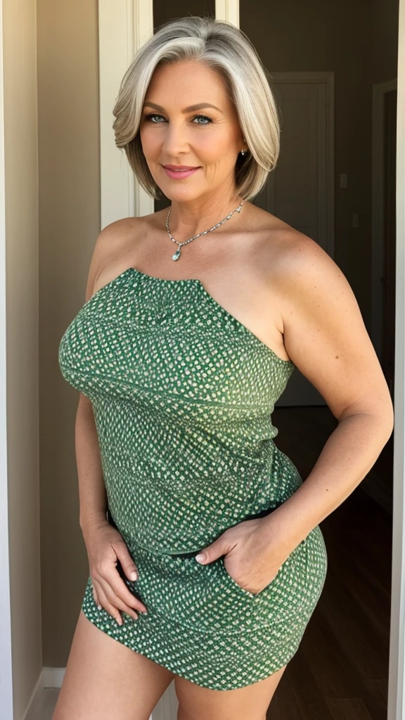 1 mature woman in, age50, Solo, casual hair, curvy body, Looking at Viewer, grayblondehair, Bare shoulders, Brown eyes, jewely, Full body, a necklace, off shoulders, wearing bikini green elegant patterned, Realistic, A sexy, full body, most beautiful desert views
