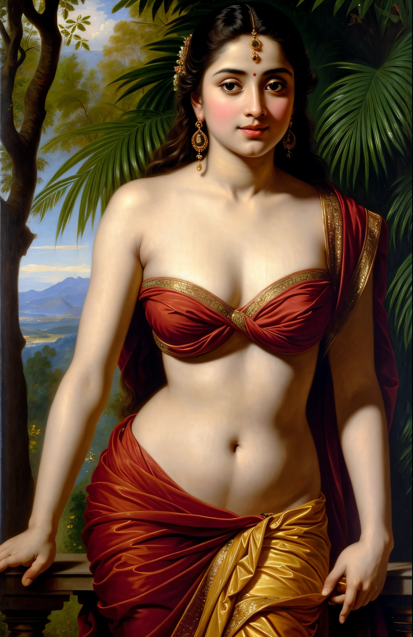 Looks like Jannat Zubair, Beautiful Indian Woman, wearing saree, sari Beauty, gorgeous, curvy, sexy navel folds, Apsara, Maharani, royal queen woman, nymph from Hindu Mythology, Urvashi, matchless beauty, Highly detailed, Oil Painting by Peter Paul Rubens inspired by Raja Ravi Varma, Matchless beauty, captivating, gorgeous, heavenly beauty, celestial beauty, by Peter Paul Rubens, , realistic, hyper realistic, micro details, incredible artwork, insane details, ultra High resolution, 8k, 32k, acrylic on canvas, intricate, flawless, detailed, detailed face, detailed eyes, masterpiece, by Peter Paul Rubens, by Caravaggio, by William Adolphe bouguereau, perfect face, perfect body, beautiful art, realism, baroque, renaissance Art, highly textured, beautiful and detailed eyes, uhd, best quality,
