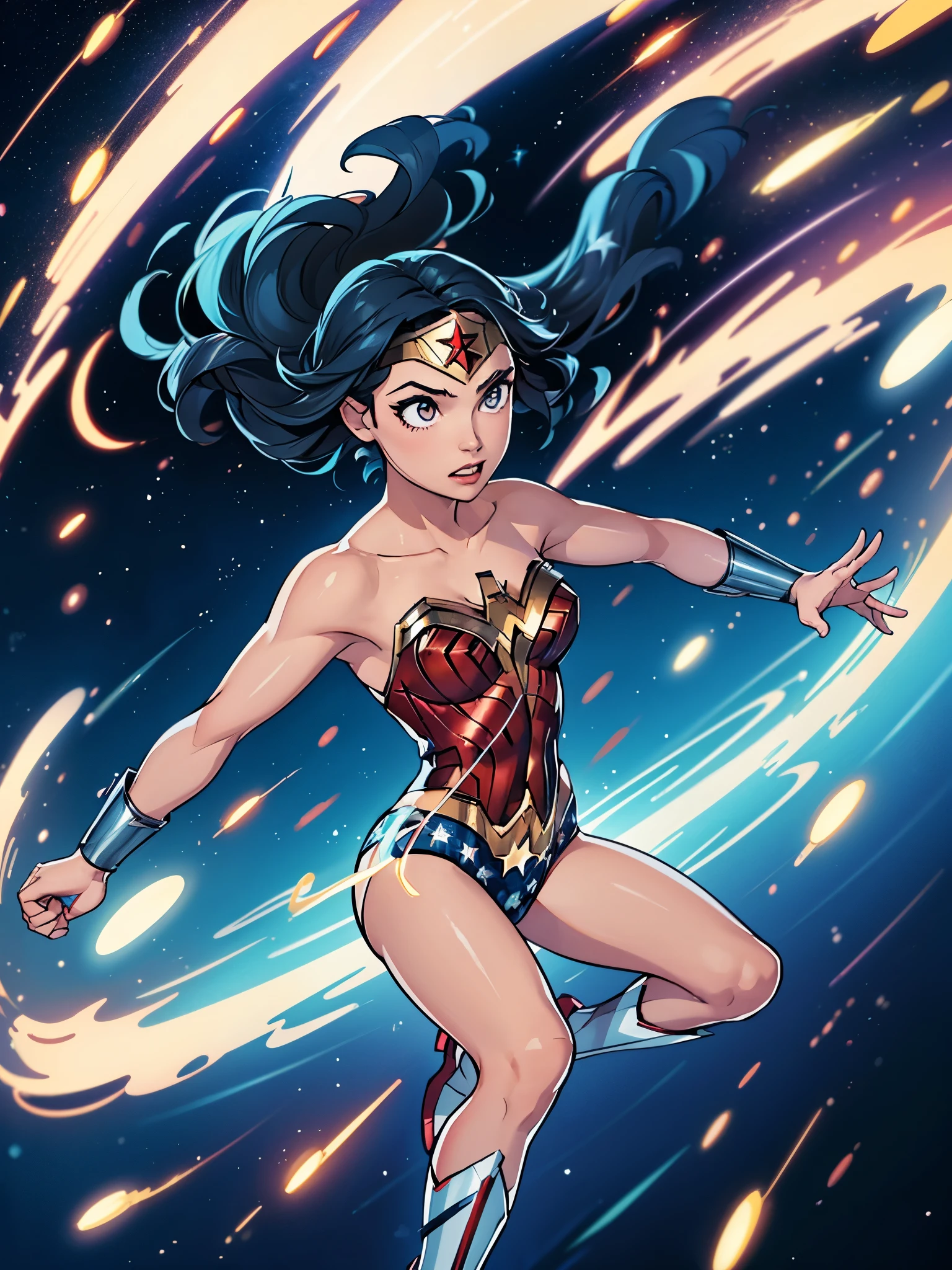 1girl, wonder woman, (leotard, bare legs), boots, gloves, space, solo, single, spread arms, standing, (spinning like a tornado), light particles, sparkling, super speed, solo, single, speed lines, spinning energy pulse