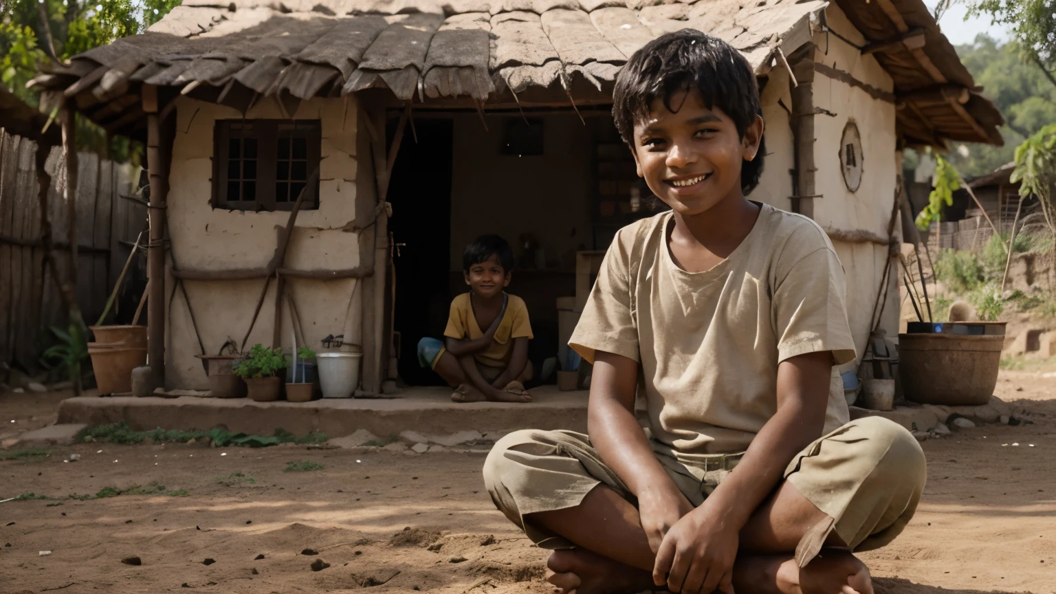 a poor indian boy smilling in village, sitting outside of soil house,, happy expression, looking to right side, realistic, photorealistic, 4k, 8k, best quality, ultra-detailed, masterpiece,