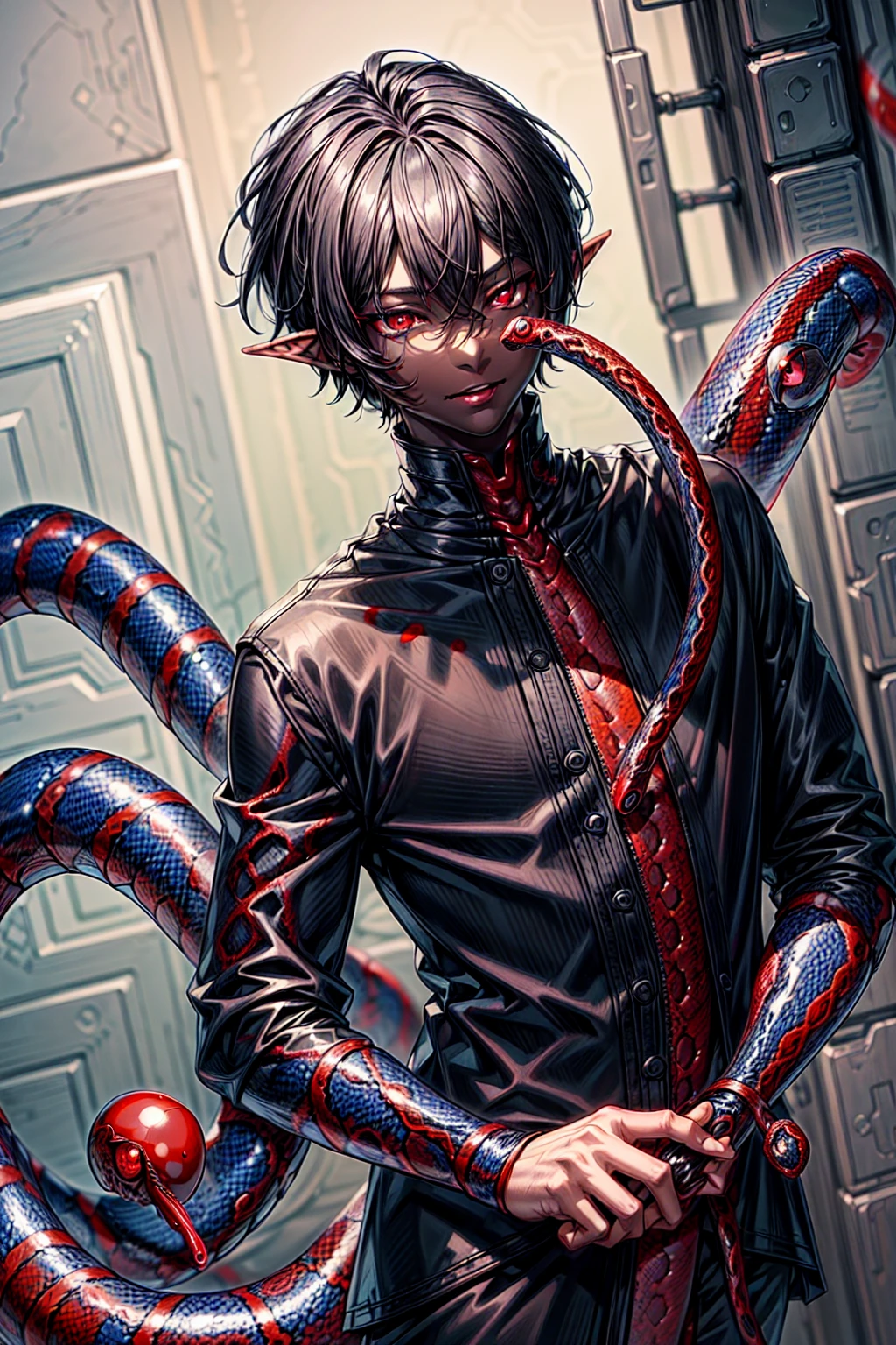 1boy, masterpiece, perfect face, ((((Blackskin)))), (((((red snake eyes))))), (Short black hair), ((perfection)), perfect eyes, standing up, grinning, ((Portrait)), (Half elf),