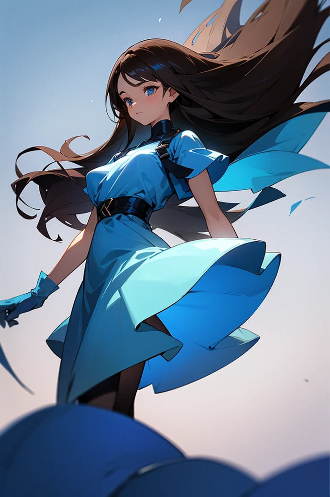 A 15 year old girl, with long, straight, dark brown hair.     Her eyes are dark brown. Her skin is clear. She is                beautiful. She has an outgoing personality. She.   wears a blue     dress. In the background, the color is white with a dark    blue gradient.