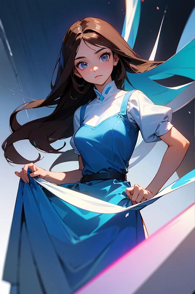 A 15 year old girl, with long, straight, dark brown hair. Her eyes are dark brown. Her skin is clear. She is beautiful. She has an outgoing personality. She. wears a blue dress. In the background, the color is white with a dark blue gradient.