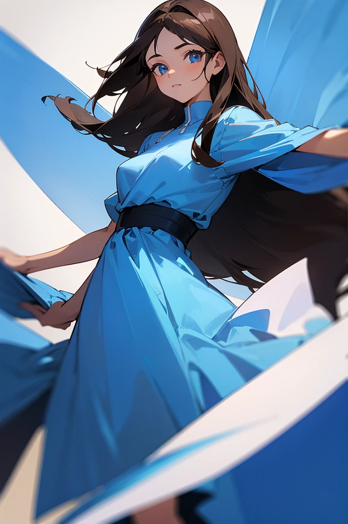 A 15 year old girl, with long, straight, dark brown hair.     Her eyes are dark brown. Her skin is clear. She is                beautiful. She has an outgoing personality. She.   wears a blue     dress. In the background, the color is white with a dark    blue gradient.