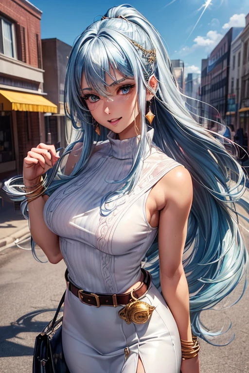 #Basics A girl is posing for a photo, animeのかわいい女の子, (((One Girl, Baby Face, Young girl, ))), 
BREAK 

#Clothing Accessories 
(((White high neck knit shirt + White maxi skirt + Black leather belt + leather ankle boots), Silver necklace decorated with blue gemstones, Gold Earrings)), 
BREAK 

#Features 
((Sky Blue Hair:1.4), slicked back hair:1.4, (Long Hair : Straight hair + Long Hair)), 
(Droopy eyes,blue eyes), (Small breasts),  
BREAK 

#background environment 
((noon, Sunshine + An office district lined with modern buildings)), 
#Facial Expression Pose
(smile, Dynamic Pose), 
#composition 
((Face the camera, Cowboy Shot:1.4)), 
BREAK 

#Body parts elements 
(Symmetrical facial features, Beautiful face with attention to detail), 
(Detailed hair, Beautiful Hair, Shiny Hair), 
(double eyelid, Long eyelashes), 
(Expression of fine eyes, Beautiful and delicate eyes, Sparkling eyes, Eye Reflexes), 
(Human Ear), 
(Beautiful Nose, Thin Nose), 
(Glossy lips, Beautiful Lips, Thick lips), 
(Detailed skin, Textured skin, Beautiful Skin), 
BREAK 

#Quality 
(((Highest quality)), ((masterpiece)), ((Very detailed))), ((High resolution), (16K,1080P)), 
(Realistic), (Anatomically correct), 
((comics, anime)), (3DCG), CG illustration,
