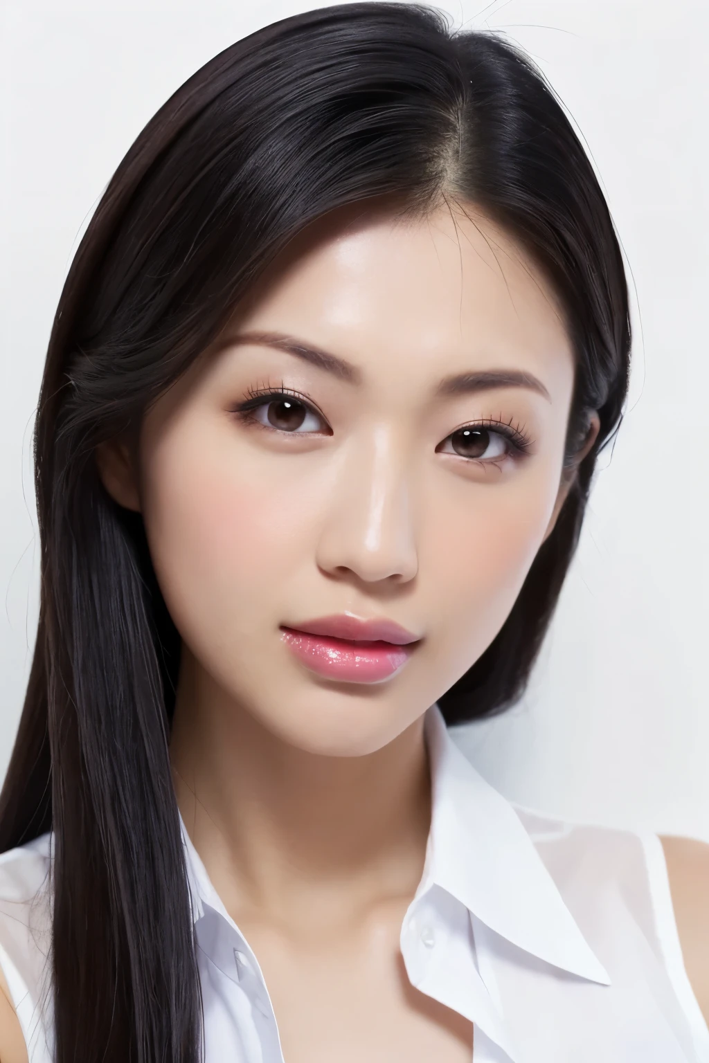 (Highest quality、Tabletop、8K、Best image quality、Award-winning works)、One beautiful mature woman、(Large Breasts:1.3)、(Bright white skin:1.3)、(Perfect white polyester sleeveless open shirt:1.5)、(The perfect sleeveless open collar shirt:1.2)、(Button-up shirt:1.4)、(Very bright:1.3)、Bright and shiny shirt、(Leaning against the simplest white wall:1.4)、Face close-up、Beautiful clavicle、(Cleavage:1.3)、Perfect Makeup、Lustrous and bright lips、Accurate anatomy、Ultra-high definition beauty face、Ultra HD Hair、Super high quality sparkling eyes、(Ultra-high resolution glossy skin:1.1)、Super high quality glossy lip、Look straight ahead