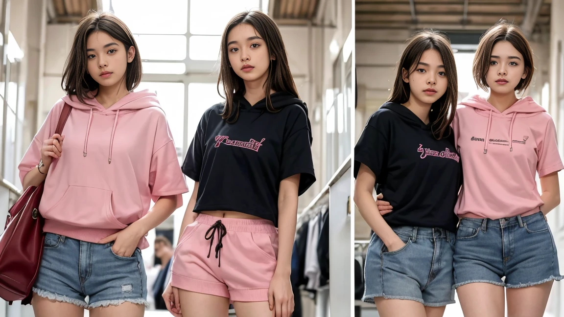 deux femmes ensemble de 18 ans sexy et mince , pink short sleeve hoodie , jambe visible , se touche,salle de classe,position sensuel
