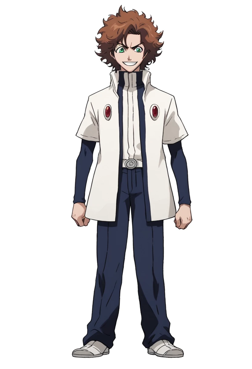 ((((white background)))), simple background, watercolor, 1 boy, standing, smile, mid-length curly hair, brown hair, light skin, green eyes, smug, teeth, front view, manga captain outfit bleach, score_9, score_8_up, score_7_up, score_6_up, score_5_up, score_4_up, BREAK source_anime, masterpiece