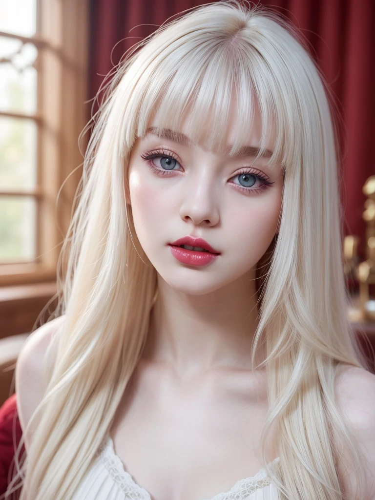 pale skin girl, hazel eyes and long pale white hair with purple and bangs, thick red lips, perfect and beautiful skin, small and perfect nose, angelic and unreal appearance, that meets global and Korean beauty and wavy hair standards 
