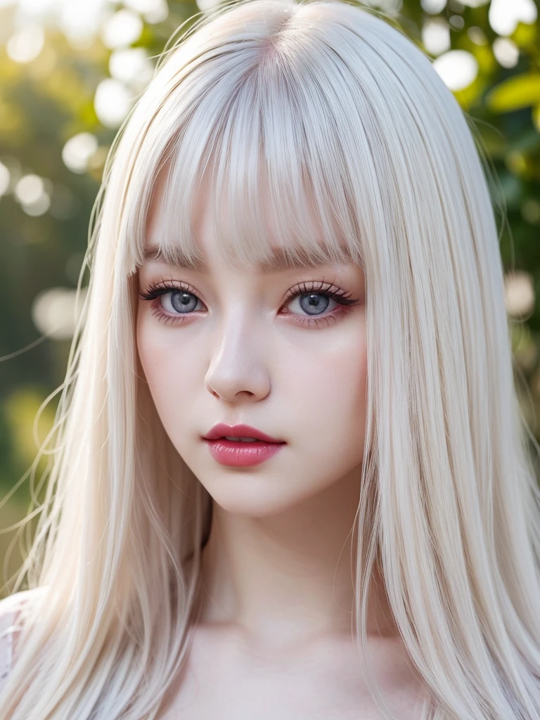 pale skin girl, hazel eyes and long pale white hair with purple and bangs, thick red lips, perfect and beautiful skin, small and perfect nose, angelic and unreal appearance, that meets global and Korean beauty and wavy hair standards