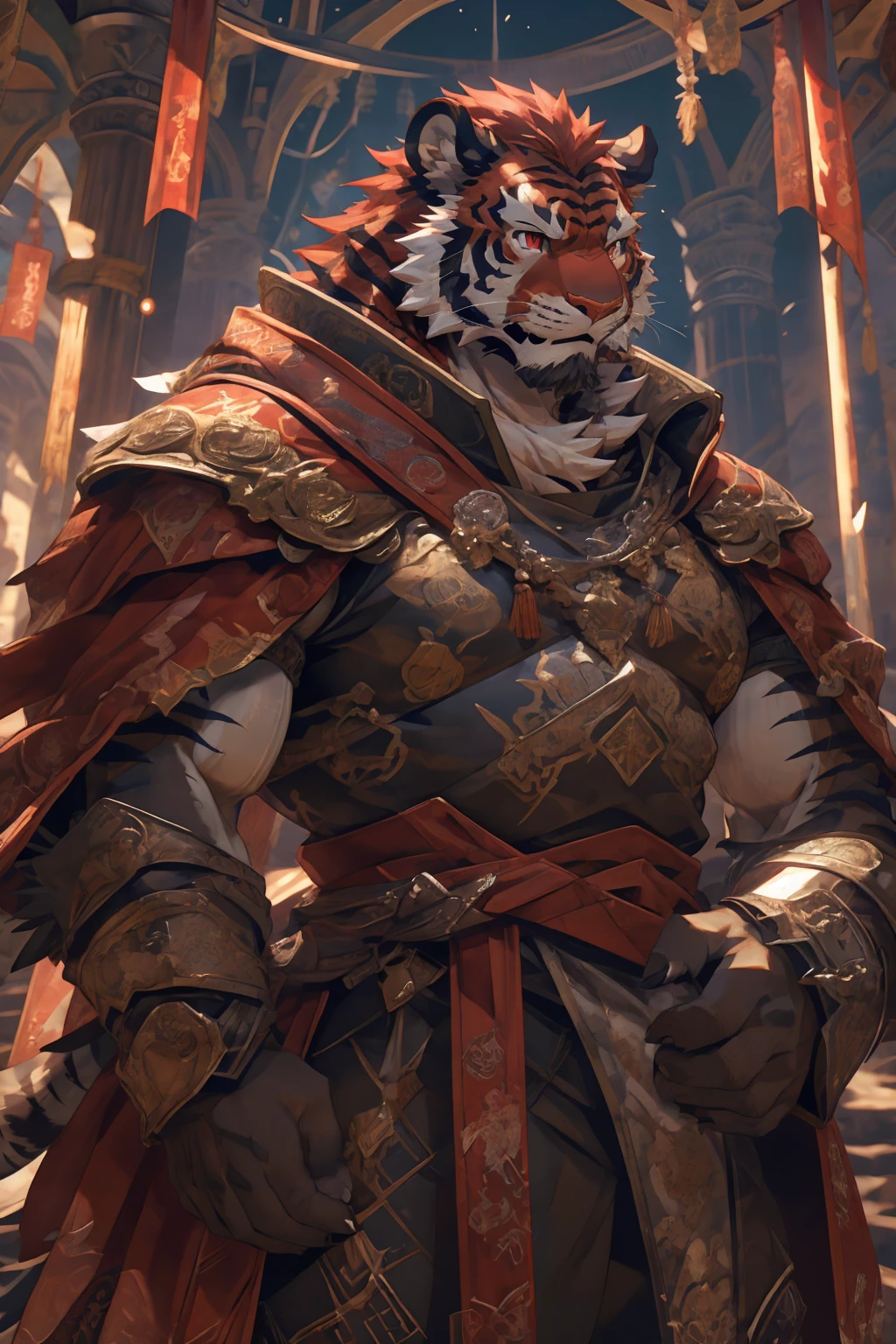 (赤红色tiger),(赤红流火Military commander战袍),(Holding a long sword),Awesome posture,Sitting quietly on the edge of the cliff,(The background is a city with bright lights.:1.2),Abdominal muscles,完美的masterpiece,Various facial details,Close-up view,specific description,masterpiece,cg,(Red eyes),Crimson pattern,Crimson tail,Military commander,Heroic,tiger,Crimson fur,Detailed facial details,),(Half Body),(Long feather),((middle aged)),(Face Focus:1.3),(16K),HD,Red and white abdomen,temple,beard,(Face lines),Heterochromia,(Red battle robe),(Crimson hair),Strong,muscle,(high resolution:1.3),