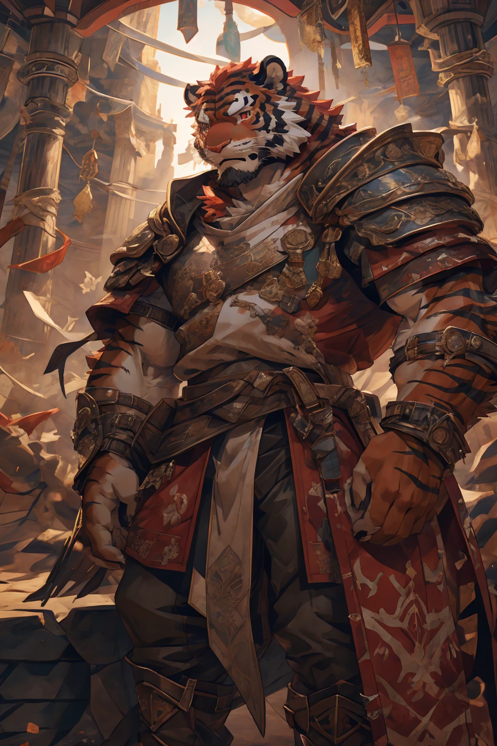(赤红色tiger),(赤红流火Military commander战袍),(Holding a long sword),Awesome posture,Sitting quietly on the edge of the cliff,(The background is a city with bright lights.:1.2),Abdominal muscles,完美的masterpiece,Various facial details,Close-up view,specific description,masterpiece,cg,(Red eyes),Crimson pattern,Crimson tail,Military commander,Heroic,tiger,Crimson fur,Detailed facial details,),(Half Body),(Long feather),((middle aged)),(Face Focus:1.3),(16K),HD,Red and white abdomen,temple,beard,(Face lines),Heterochromia,(Red battle robe),(Crimson hair),Strong,muscle,(high resolution:1.3),