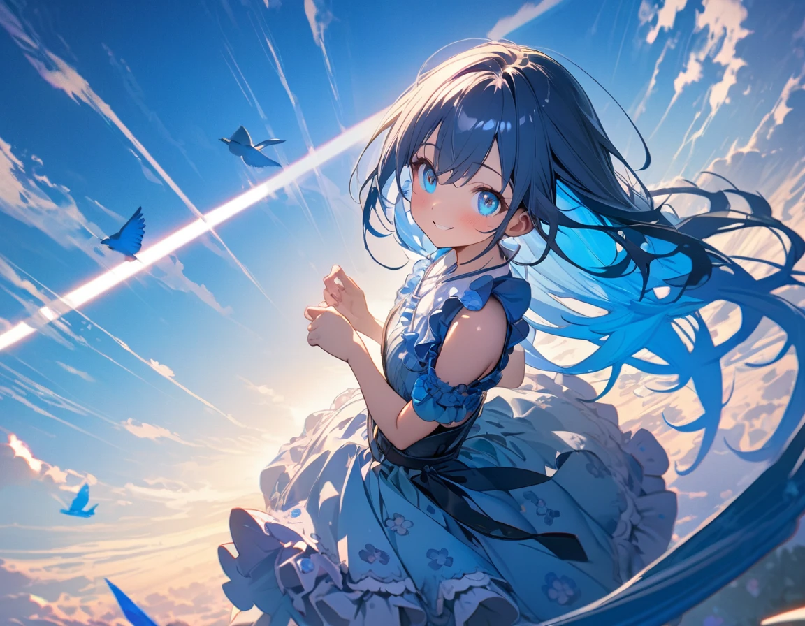 (8K, best quality, master piece: 1.2), super high resolution,1girl,16yo,ultra-detailed face, detailed eyes,Flying astride a giant blue bird,BREAK,Very long hair,blue hair,enjoy,smile,Wearing floral pattern blue ruffle dress,above the sky,Blue sky,crepuscular rays,aerial shot