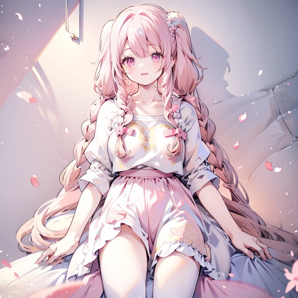 clouds, flying, sky, full body, and upper body, cute, glitter, square, 🥰🥰✨ ((stylized)) young woman, short wavy pink hair, long bangs, big round pastel pink eyes, pink cheeks, dress with strawberry decorations, pastel green tights, yellow jewelry, smile, chubby body, braids