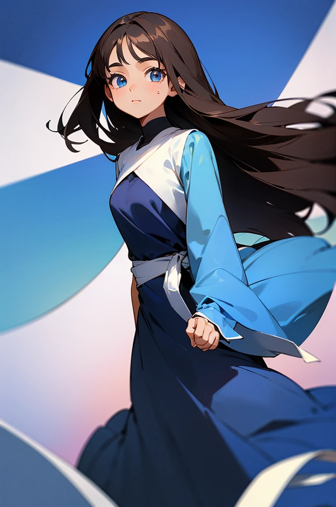 A  girl, with long, straight, dark brown hair.     Her eyes are dark brown. Her skin is clear. She is                beautiful. She has an outgoing personality. She.   wears a blue     dress. In the background, the color is white with a dark    blue gradient. Its eyes are dark brown in color.