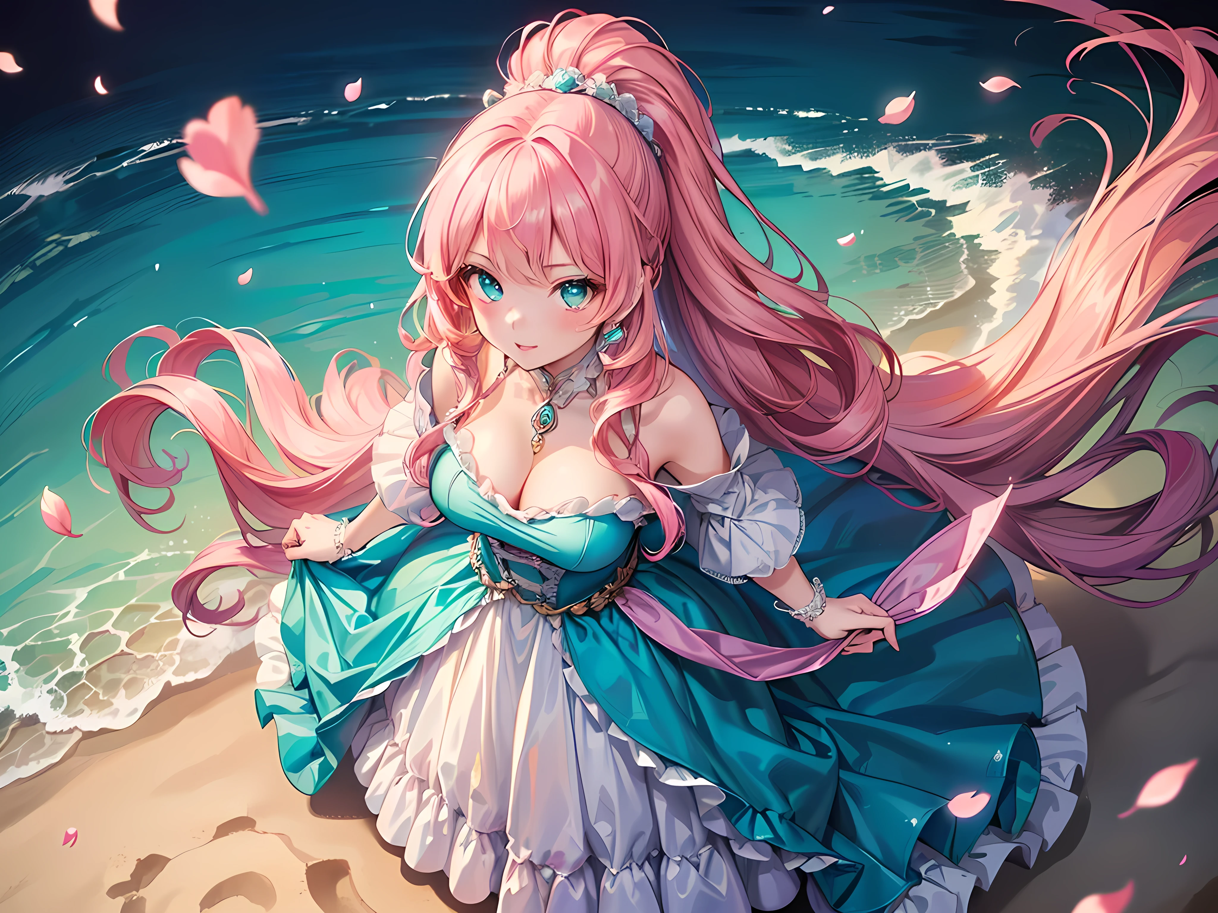((Moe anime art style:1.1)), (((masterpiece))), (((Highest quality))), (((Ultra-high resolution))), (((8K))), (((Very detailed))), (((solo girl))), (18 years old), ((full body)), (((from above:1.3))), (((Super Definition and Beautiful Face))), ((Beautiful Lips, Beautiful Eyes)), (((Pink Hair, Fluffy ponytail, Curly Hair, Expressive hair, very voluminous long hair))), ((Turquoise taffeta material)), ((Dense lace, Long train, Lots of frills)), (((Full-length crinoline hoop skirt, Beautiful and luxurious Rococo Victorian ball gown dress))), ((Flowing petals)), Particles of light pouring down, ((A large number of colorful flowers)), ((A woman stands on a hill overlooking a white sandy beach at dusk in medieval Europe)), ((magnificent panorama view:1.3)),
