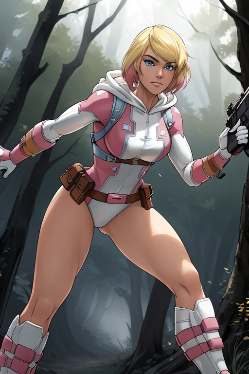 ((ultra quality)), ((masterpiece)), (GwenPool:1), ((blonde hair, multicolored hair, blue eyes)),(superhero, bodysuit, pink leotard, belt, gun, gloves, belt pouch, hood:1), looking at viewer with a snarky grin, expressive, action pose, leaning forward, (dynamic_angle:1), (dynamic_pose:1.2), (masterpiece:1.2), (best quality, highest quality), (ultra detailed), (8k, 4k, intricate),(full body:1), (Cowboy shot:1.2), (50mm), (highly detailed:1.2),(detailed face:1.2), detailed_eyes,(gradients),(ambient light:1.3),(cinematic composition:1.3),(HDR:1),Accent Lighting,extremely detailed,original, highres,(perfect_anatomy:1.2), background: beautiful forest near the river, ((depth of field)), ((high quality clear image)), (clear details), ((high detail)), realistically, professional photo session, ((Clear Focus))