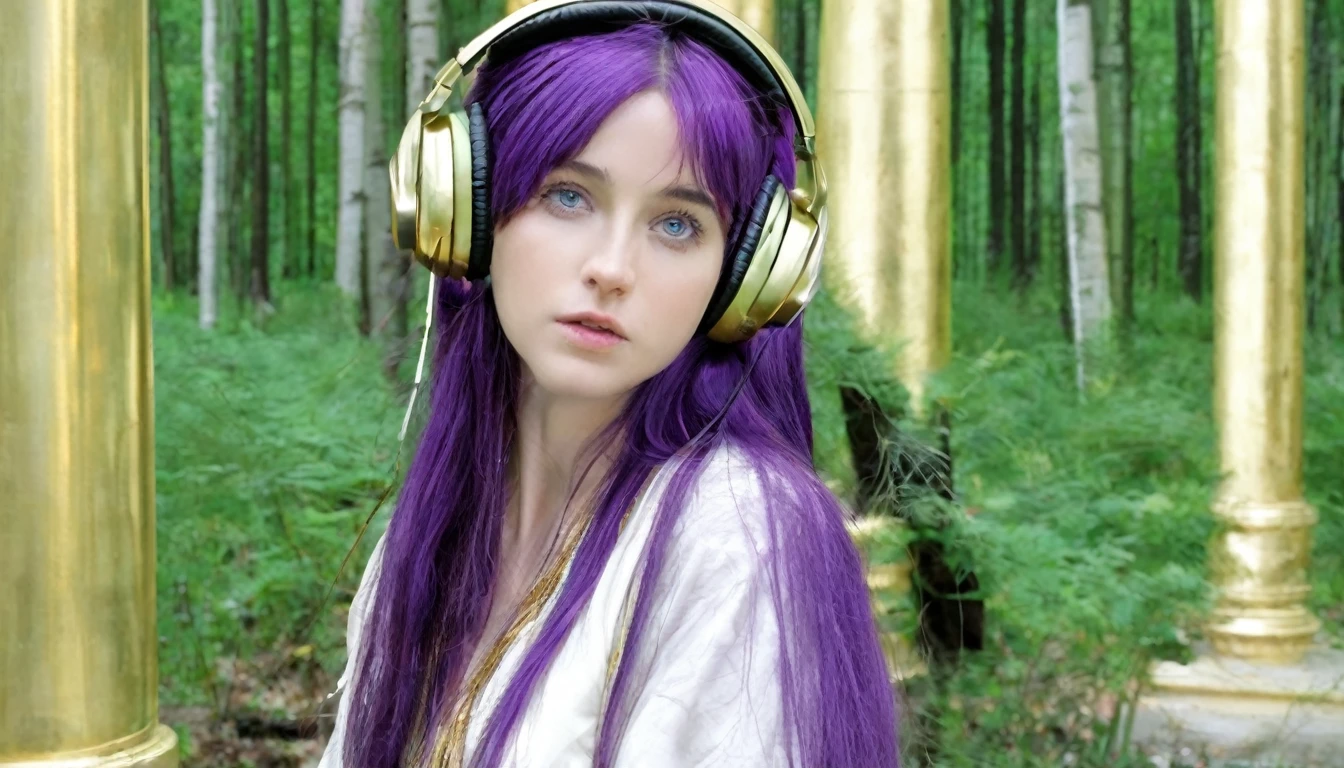 HDR, BETTER IMAGE, WOMAN WITH GREEN EYES, FULL BODY IMAGE, WITH SMALL HEADPHONES, LISTENING TO MUSIC, LONG PURPLE STRAIGHT HAIR, NATURE, FOREST, IVORY HOUSE WITH GOLD, IVORY COLUMN WITH GOLD, YOUTUBE SYMBOL