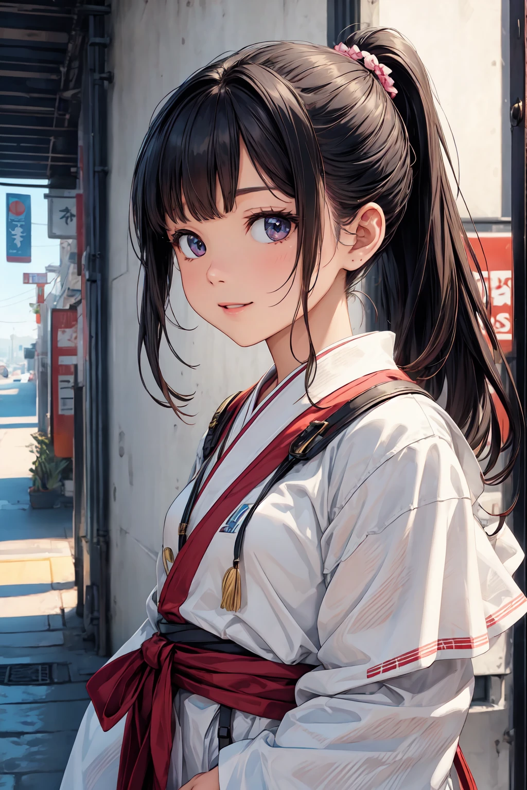 No sleeve, ponytail, Japanese Girls, 8K, Legal Photography, Highest quality, masterpiece, Realistic, Photorealistic ultra-detailed, One Girl, cute, The best smile, Beautiful Eyes, Long Hair, Perfect Face,