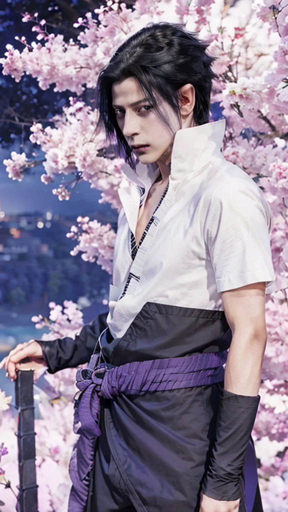 1man, uchiha sasuke in anime naruto shipudden, short hair , black hair, red ligth eyes, handsome, purple clothes, realistic clothes, detail clothes, city background, ultra detail, realistic