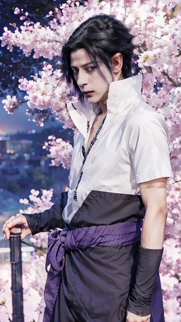 1man, uchiha sasuke in anime naruto shipudden, short hair , black hair, red ligth eyes, handsome, purple clothes, realistic clothes, detail clothes, city background, ultra detail, realistic