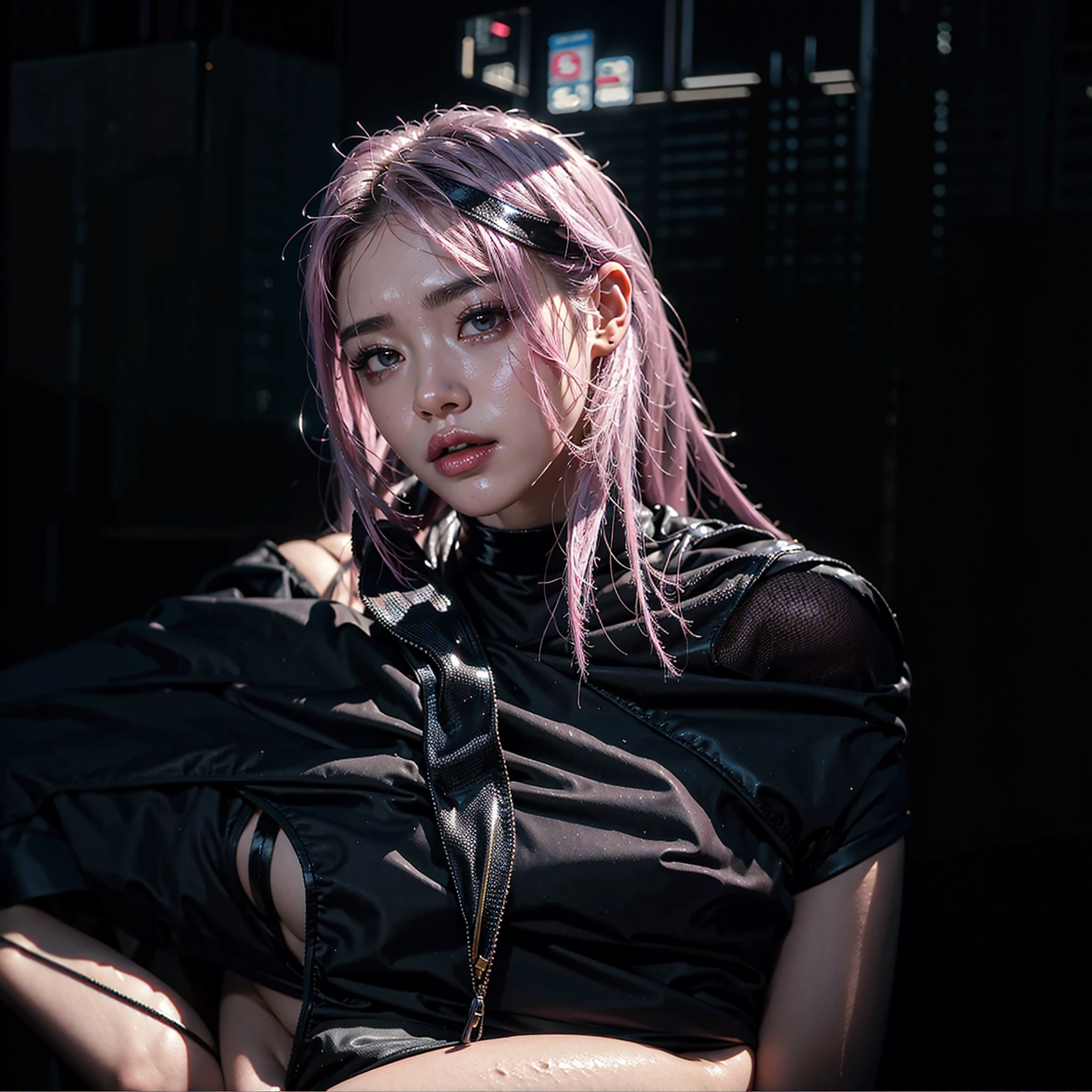 highest quality、surreal、perfect anatomy、Wet and shiny white skin、model body shape、Sweat dripping all over the body、Super small face、Ahegao、Cyberpunk City、Fishnet tights、garter belt、Pink, silver and gold hair、Black micro bikini、Neon lights、tattoo、Cleavage、Precise pubic area、Bondage Fashion、Erect nipples、Lewd woman、latex、Bust Shot、0082