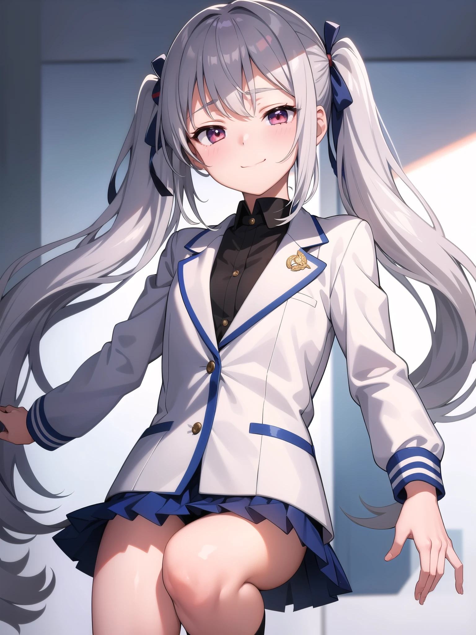 1girl, anime girl, silver hair, long twintails, silver eyes, school suit, white background, closed mouth small smile, small closing eyes