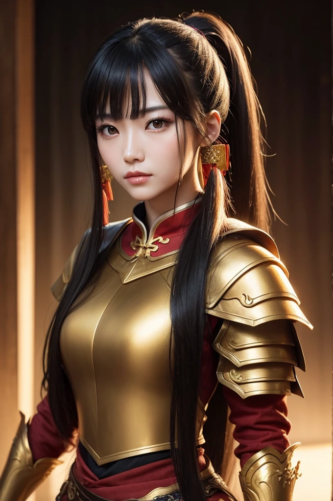 create a chinese woman, with long hair, tied in a ponytail and bangs, a cold look, golden eyes and wearing armor