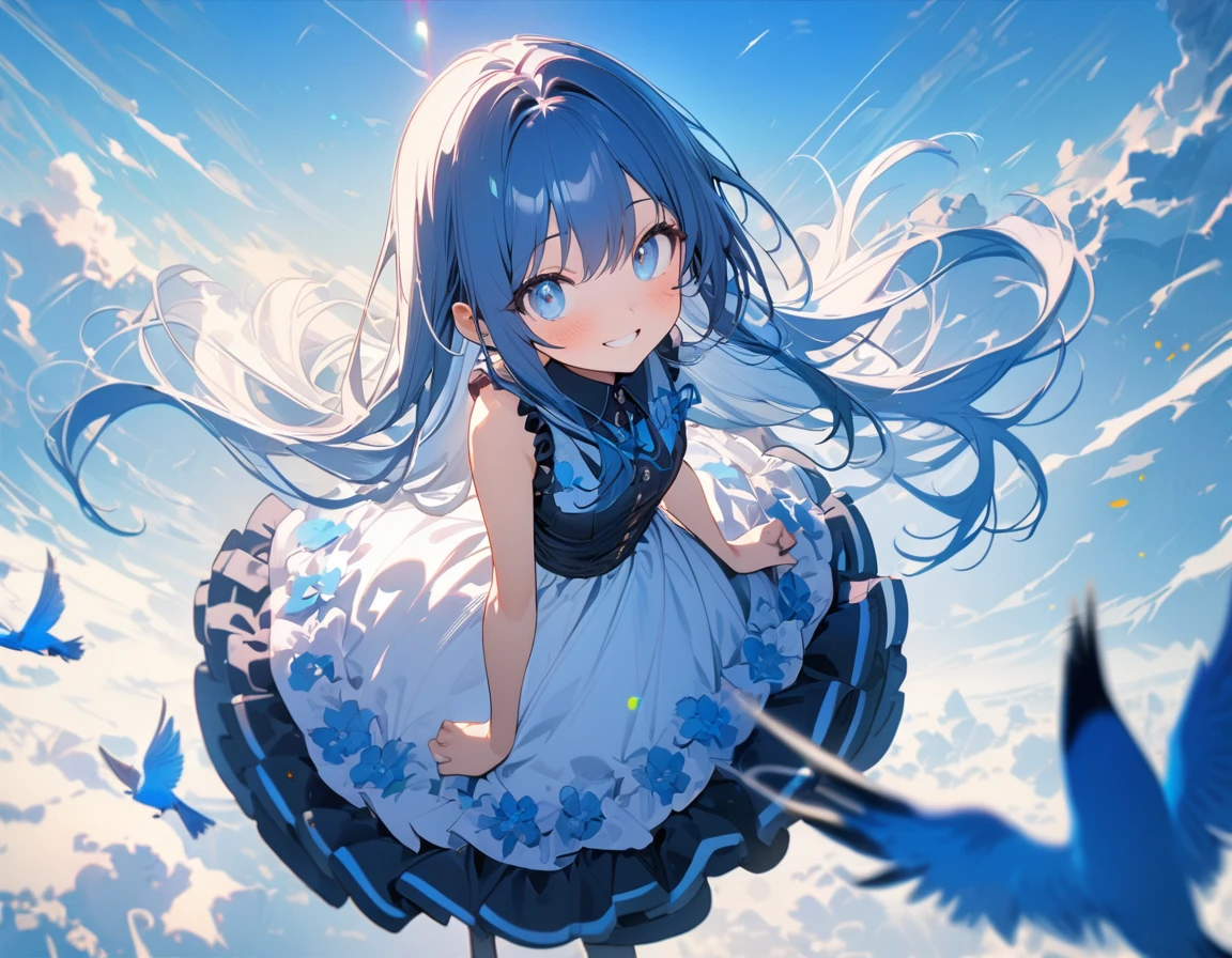 (8K, best quality, master piece: 1.2), super high resolution,1girl,,ultra-detailed face, detailed eyes,Flying astride a giant blue bird,BREAK,Very long hair,blue hair,enjoy,smile,Wearing floral pattern blue ruffle dress,above the sky,Blue sky,crepuscular rays,aerial shot
