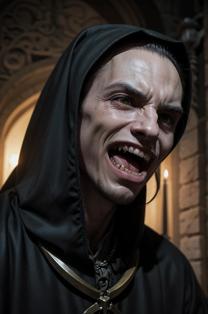 medieval ages, male nosferatu, sharp teeth, monstrous face, alone, nighttime