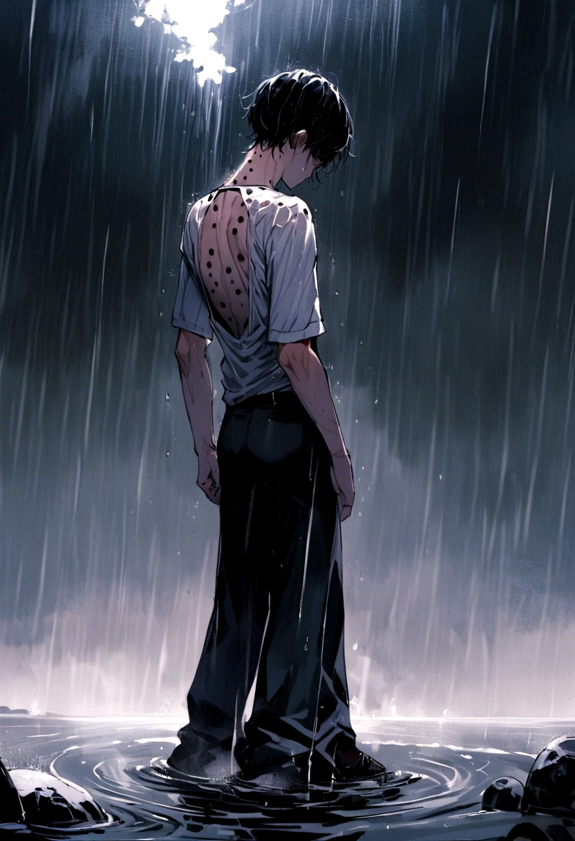 A tall boy with his back on the edge of a void looking down while it rains. The boy wears only a shirt and pants full of holes