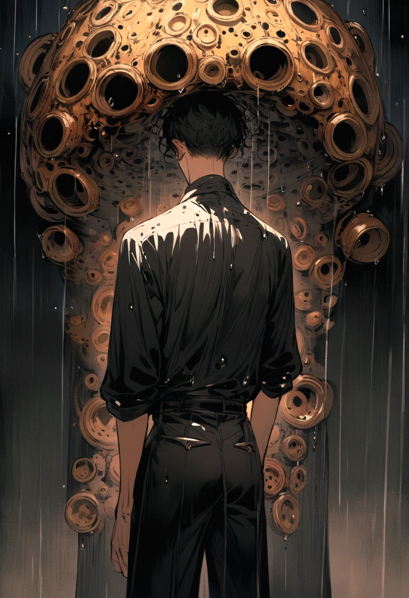 A tall boy with his back on the edge of a void looking down while it rains. The boy wears only a shirt and pants full of holes