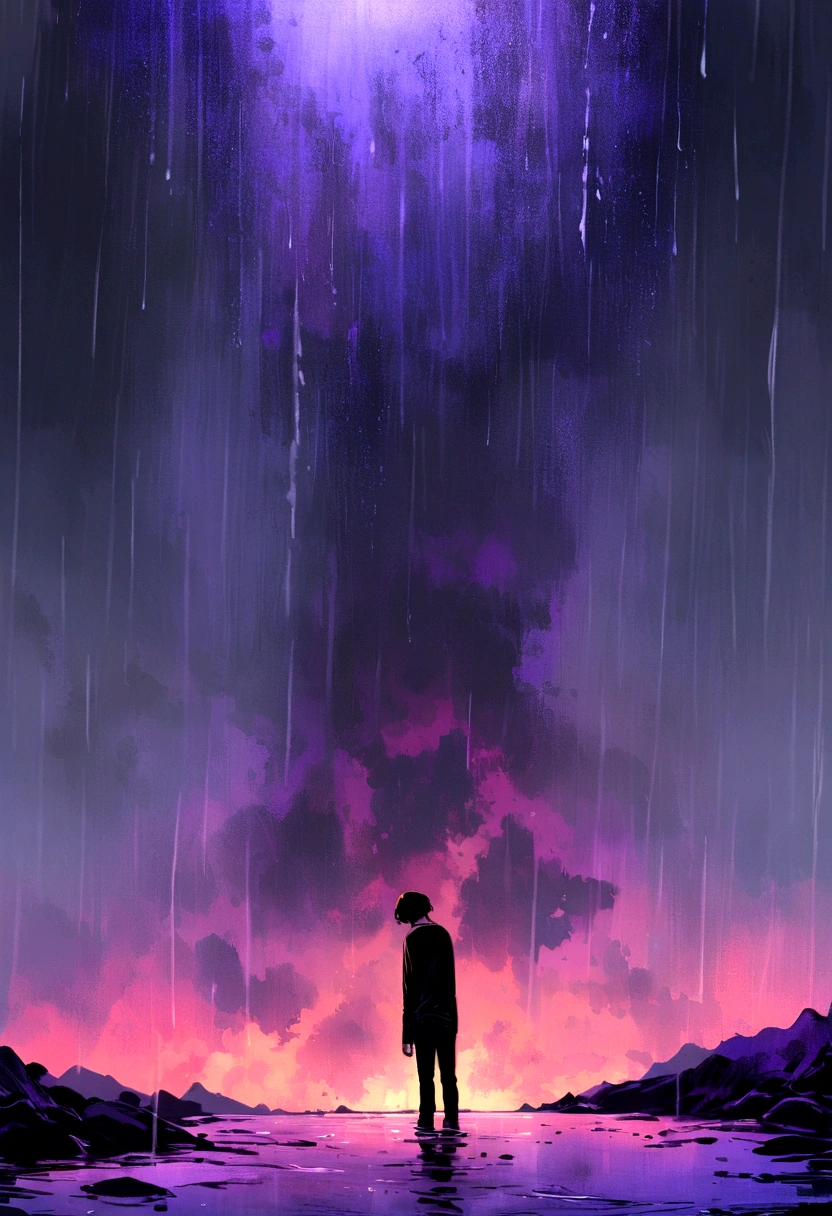 A tall boy with his back on the edge of a void looking down while it rains. The boy wears only a shirt and pants full of holes