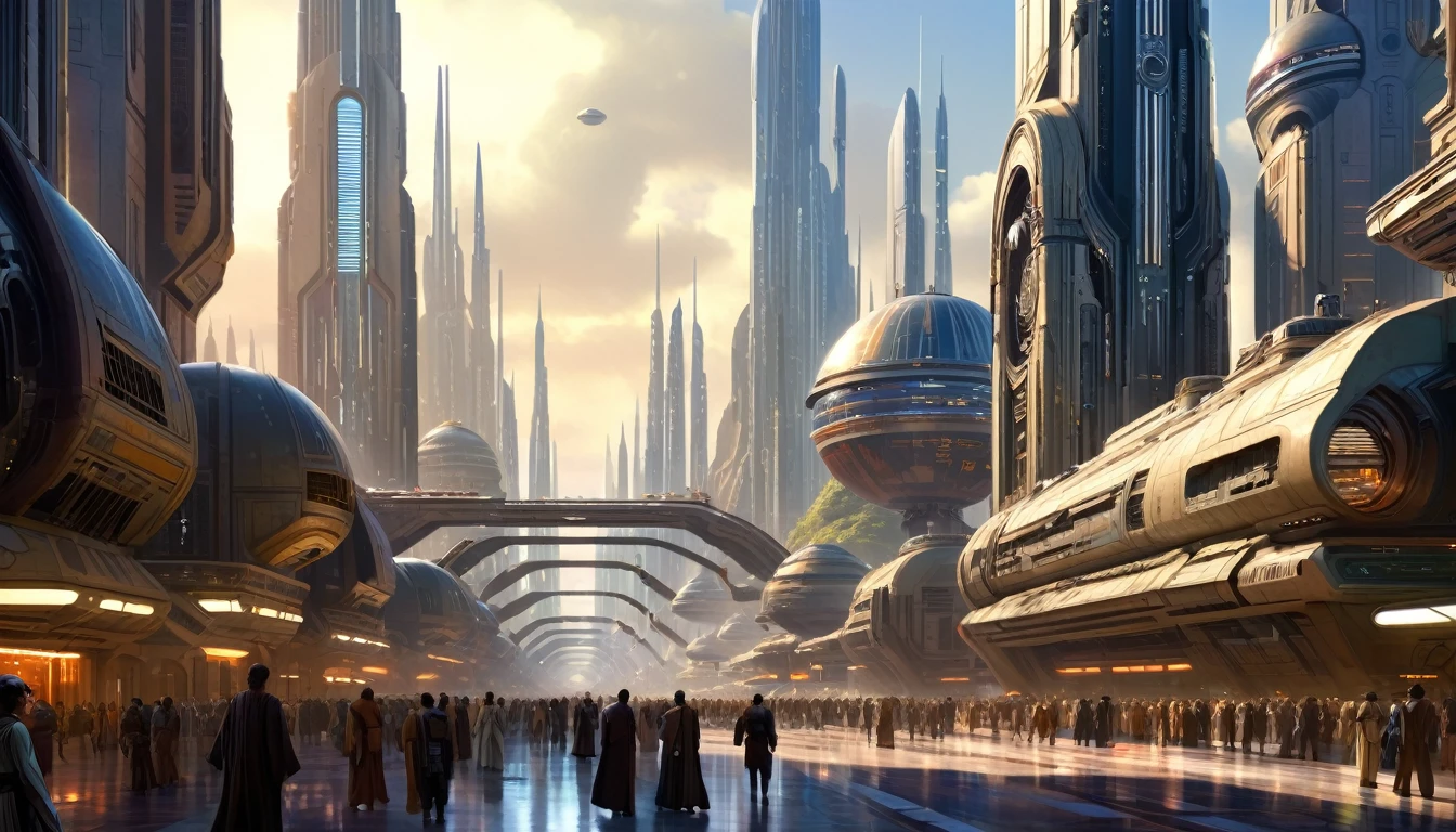 (The city of Coruscant from Star Wars designed by Doug Chiang), futuristic fantasy city with immense technological design buildings (that form an infinite avenue), non-blurred compactor buildings with metallic appearance, lights in windows in buildings, daytime lighting with sun, with spectacular glass structures, (with bright colors). sunny pavement (dull). people walking. well defined image with many buildings together. imagen nitida bien definida 8k. the buildings reach high into the background.,8k. cinematographic image