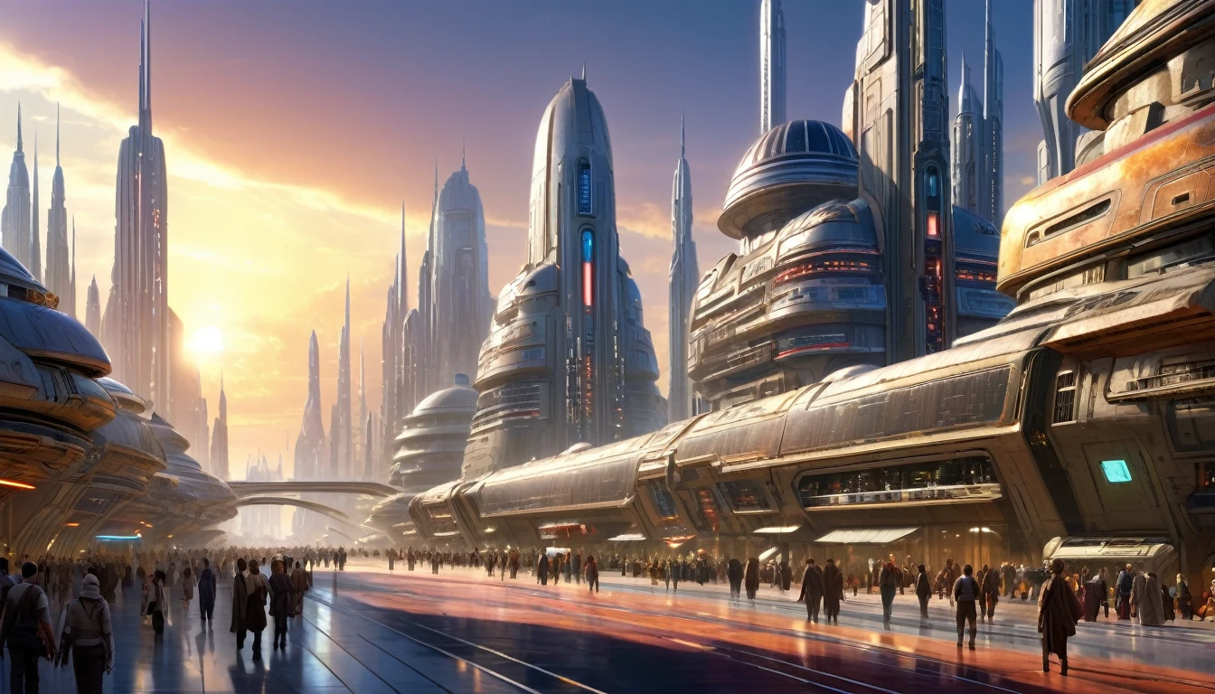 (The city of Coruscant from Star Wars designed by Doug Chiang), futuristic fantasy city with immense technological design buildings (that form an infinite avenue), non-blurred compactor buildings with metallic appearance, lights in windows in buildings, daytime lighting with sun, with spectacular glass structures, (with bright colors). sunny pavement (dull). people walking. well defined image with many buildings together. imagen nitida bien definida 8k. the buildings reach high into the background.,8k. cinematographic image