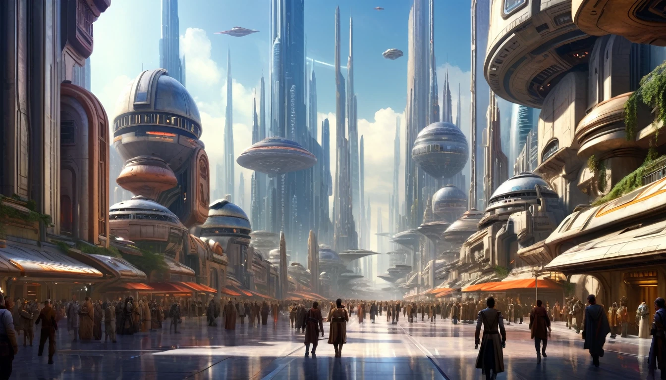 (The city of Coruscant from Star Wars designed by Doug Chiang), futuristic fantasy city with immense technological design buildings (that form an infinite avenue), non-blurred compactor buildings with metallic appearance, lights in windows in buildings, daytime lighting with sun, with spectacular glass structures, (with bright colors). sunny pavement (dull). people walking. well defined image with many buildings together. imagen nitida bien definida 8k. the buildings reach high into the background.,8k. cinematographic image