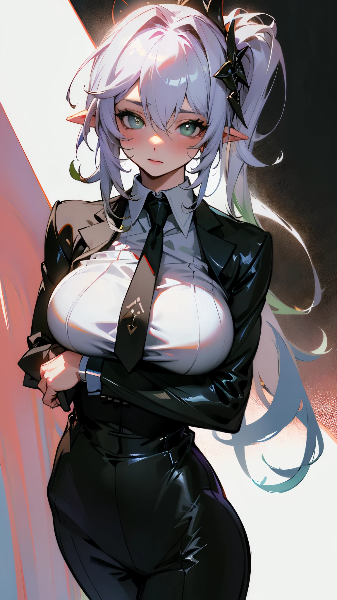 (Surreal), (Illustration), (High resolution), (in 8K), (Extreme Detail), (Best Illustration), (beautiful detail), (Best Quality), (masuter piece), (Wallpaper), ( Detailed face)、poneyTai、an eye patch、Black shirt、pant suit、neck tie、deacon、Wear less revealing clothing、full body Esbian、Realistic fantasy rendering, Realistic anime girl rendering, Full body portrait, (Big Breast: 1.4) popular in CGSTATION, wlop. 4K、highlight in eyes、Night background