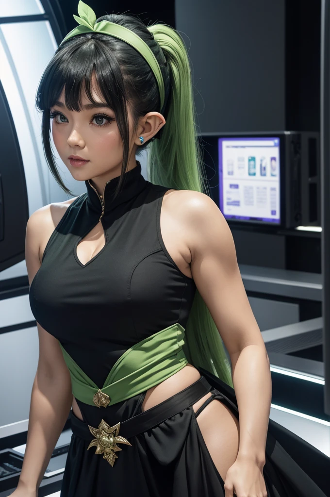 30 year old woman from Saturn, elf ears, thick athletic body, beautiful, cute, green ponytail hair with flower headband, wearing long black dress at news studio