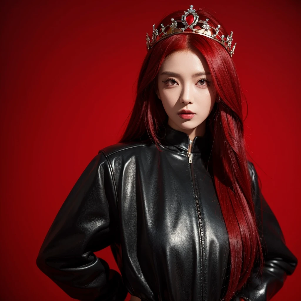 Kpop 1 idol concept picture for dark concept. Red hair, red and black leather outfit, black crown. Red background. 