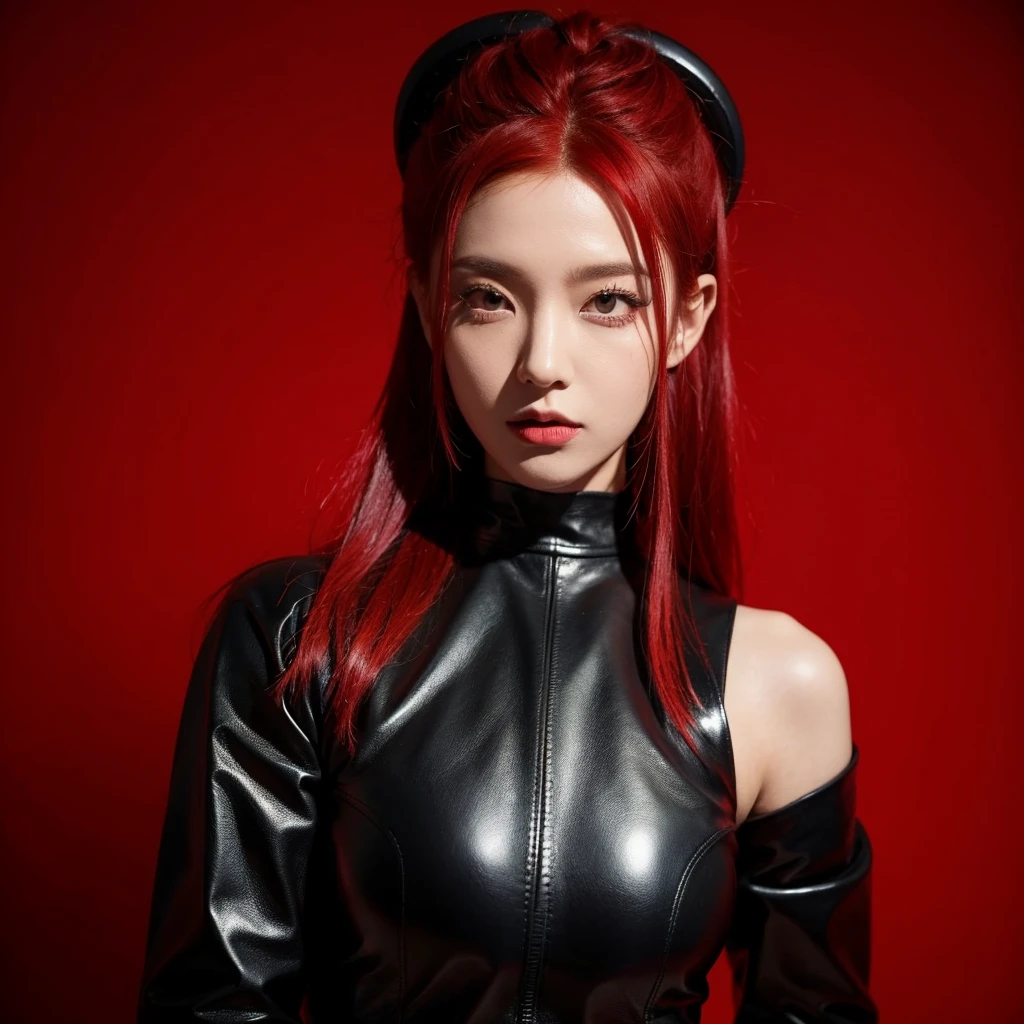 Kpop 1 idol concept picture for dark concept. Red hair, red and black leather outfit, black crown. Red background.
