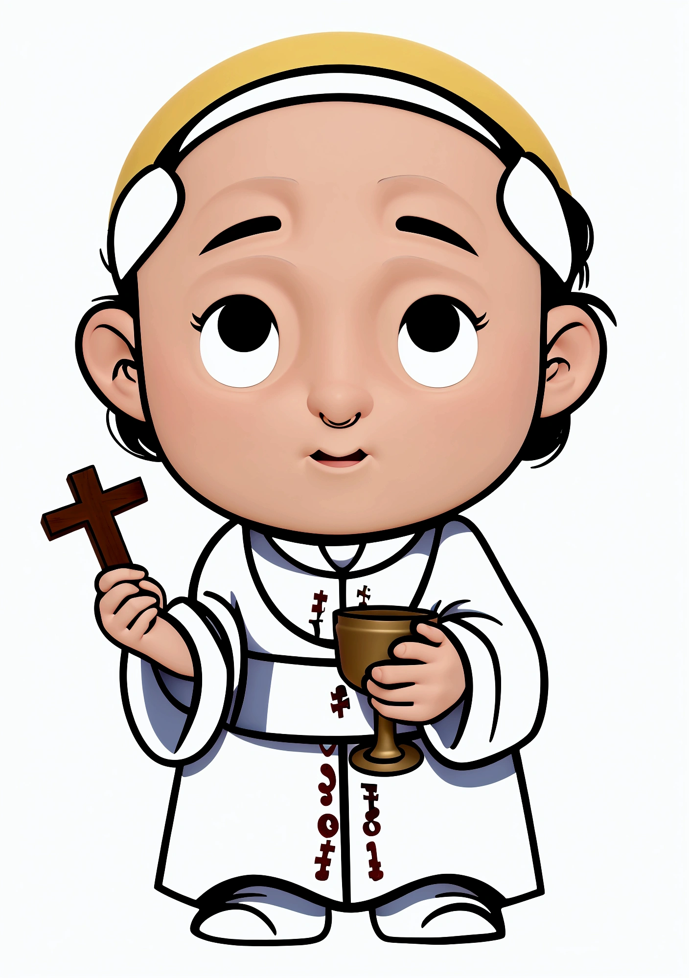 Pixar style: the pope, holding a small cross and a chalice, 3D poster, Disney