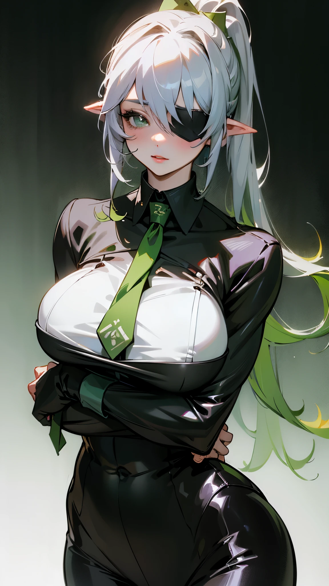 (Surreal), (Illustration), (High resolution), (in 8K), (Extreme Detail), (Best Illustration), (beautiful detail), (Best Quality), (masuter piece), (Wallpaper), ( Detailed face)、poneyTai、an eye patch、Black shirt、pant suit、neck tie、deacon、Wear less revealing clothing、full body Esbian、Realistic fantasy rendering, Realistic anime girl rendering, Full body portrait, (Big Breast: 1.4) popular in CGSTATION, wlop. 4K、highlight in eyes、Night background