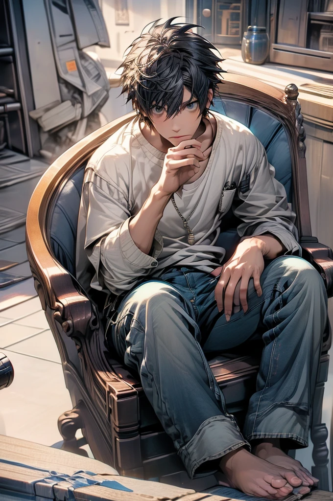 (masterpiece,best quality, detailed), 1boy, male focus, looking at viewer, full body, indoors, sitting, knees up, armchair, l lawliet, white shirt, jeans, barefoot, finger to mouth