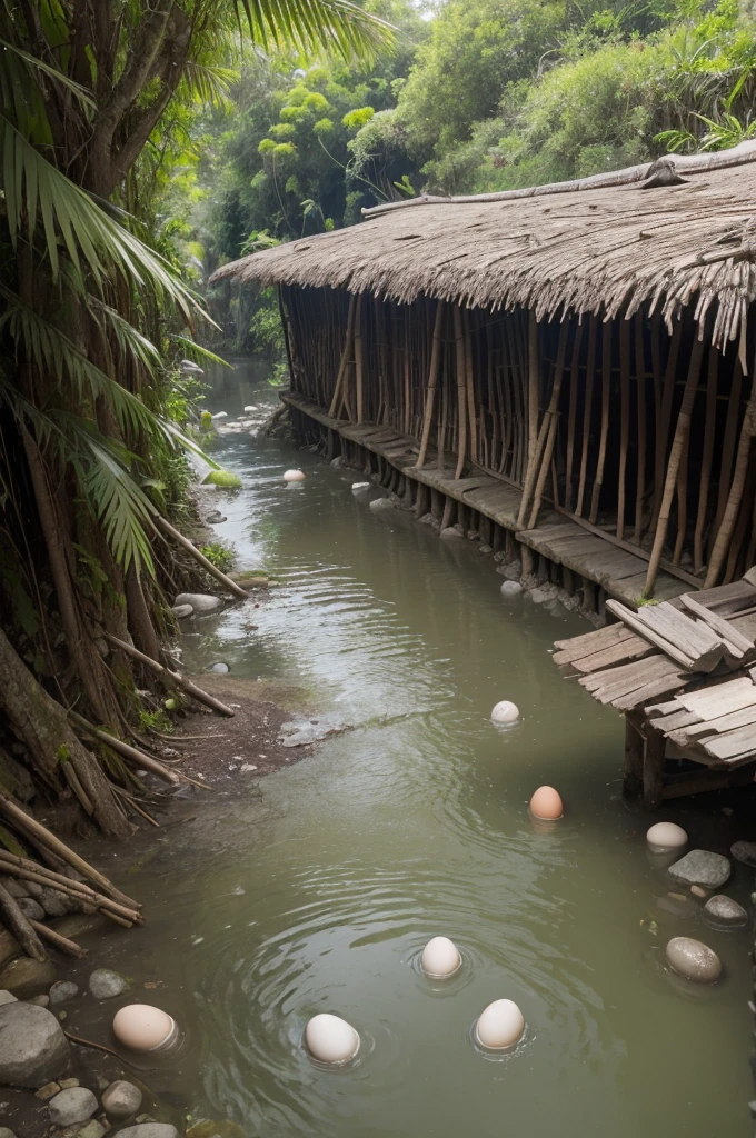 Give me an image that matches the following description "It rained for four years, where months and two days.
Many years later, In front of the firing squad, Colonel Aureliano Buendia would remember that remote afternoon when his father took him to see the ice. Macondo was then a village of twenty mud and bamboo houses, built on the bank of a river of diaphanous waters that rushed through a bed of polished stones, white and huge like prehistoric eggs. The world was so recent that many things lacked names and to mention them you had to point your finger. "