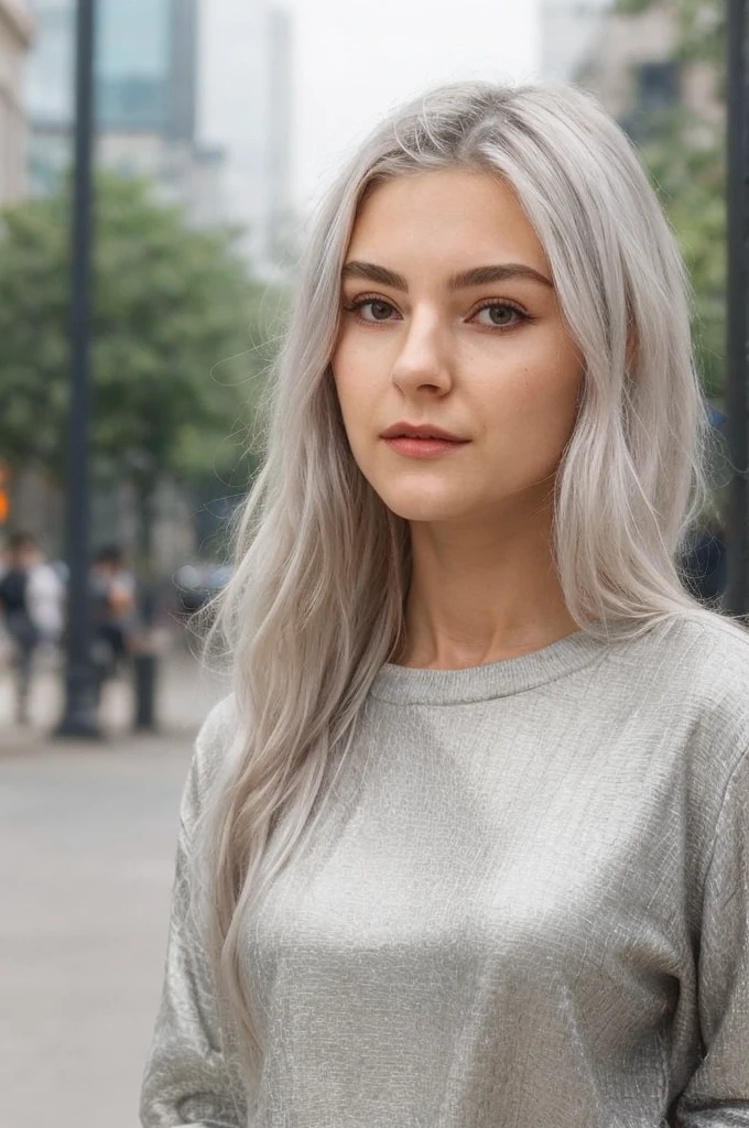 young woman,silver hair,in the middle of the city