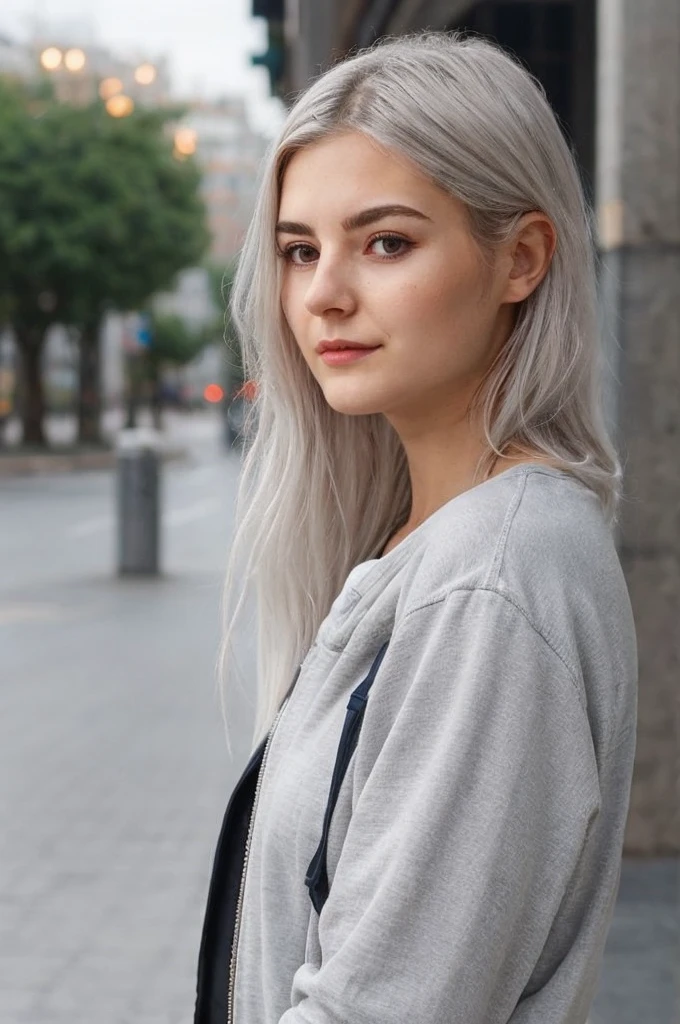 young woman,silver hair,in the middle of the city